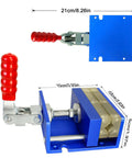 No Fuss Drill Free Golf Club Vise With Heavy Duty Aluminum Shaft Clamp showing red handle and dimensions for easy grip swaps.