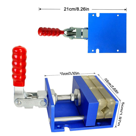 No Fuss Drill Free Golf Club Vise With Heavy Duty Aluminum Shaft Clamp showing red handle and dimensions for easy grip swaps.