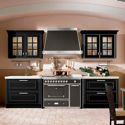 Modern kitchen with black cabinets and stainless steel appliances, featuring Five Pack Matte Black Cabinet Knobs for Cabinets and Drawers.