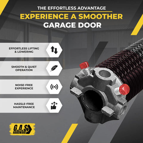 Right Side Garage Door Torsion Spring 234x2x25 For Easy Replacement Precision E Coating 5 Year Warranty Minimum 30 000 Cycles Black Cone Finish One Spring Only For Inside View, spring close-up.