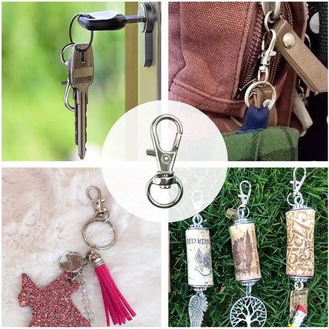 30 Pack Silver Zinc Alloy Swivel Lanyard Snap Hooks With Tight Grip Clamp And Smooth 360 Spin Perfect For Keys Tags Or Everyday Carry Straight Up Heavy Duty Build Gonna Hold Fast Through Daily Grind displayed with keys and accessories.