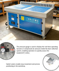 Heavy Duty Metalworking Downdraft Table With 3Kw Motor And 220V Power, featuring a pressure gauge and swivel casters for mobility.