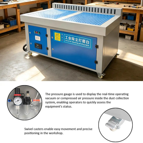 Heavy Duty Metalworking Downdraft Table With 3Kw Motor And 220V Power, featuring a pressure gauge and swivel casters for mobility.