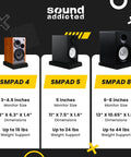 Comparison of SMPad 4, SMPad 5, and SMPad 8 studio monitor isolation pads with sizes and weight support details.