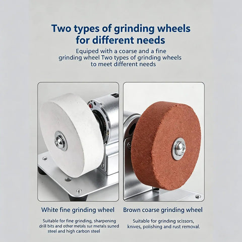 Two types of grinding wheels for Powerful Mini Bench Grinder With 100W Brushless Motor, including fine and coarse options.