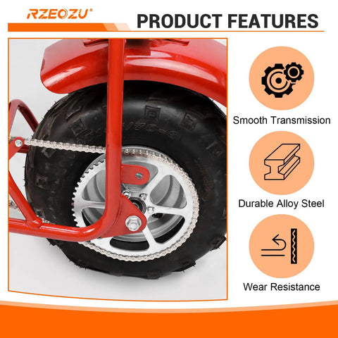 Close-up of mini bike rear wheel with Silver 140 Link Mini Bike Chain With Master Link And Chain Breaker, durable steel