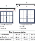 Size chart and window recommendation for Matte Black Curtain Rod 35 To 47 Inch Adjustable Telescoping With Brackets