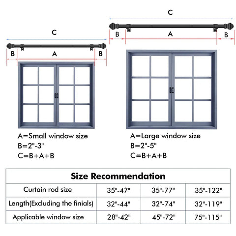 Size chart and window recommendation for Matte Black Curtain Rod 35 To 47 Inch Adjustable Telescoping With Brackets
