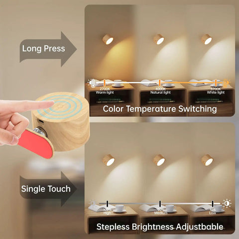 Demonstration of Super Sleek Magnetic Cordless Wall Sconces Set Of Two with touch dimmers for color temperature switching.