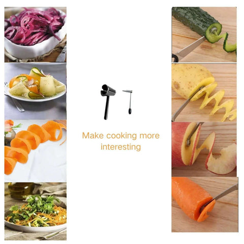 Spiral vegetable cutter set, 2-piece with stainless steel piranha-style cutter and carrot curler