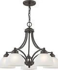 Somerset 5 Light Dinette Chandelier in English Bronze With Satin Glass Shades, modern 5-light fixture, ceiling mounted, dining room