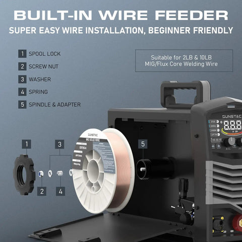 Sunstac 180A MIG Welder With Synergic LCD Control And Dual Voltage Power Up To 220V For Home Shop Projects supporting built-in wire feeder.