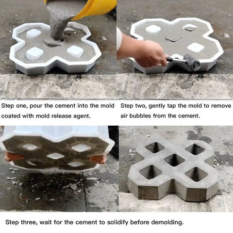 Reusable Plastic Grass Paver Molds With Five Hole Design For Concrete Pavers For Grass Driveways Walkways Parking And Landscaping Edging Made Of Durable ABS For DIY Friendly Reuse in use with cement pouring and demolding process.