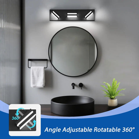 No Sweat Dimmable Led Bathroom Light Fixture Three Bulb Vanity Wall Lamp With Easy Swivel Matte Black Frame above round mirror.
