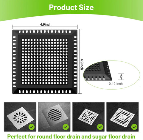 Stainless Steel Shower Drain Cover With Ultra Soft Silicone Grip Nabs Every Stray Hair And Kills Drain Clogs Dead Keeping Your Bathroom Totally Hassle Free Super Non Slip Secure Fit For Rapid Water Flow Daily, 4.9 inch square size.