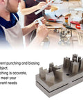 Dope 15 Piece Disc Cutter Set With Pentagram Triangle Shaped Punch Die, shown with craftsman using a steel stamping tool for precision metalwork.