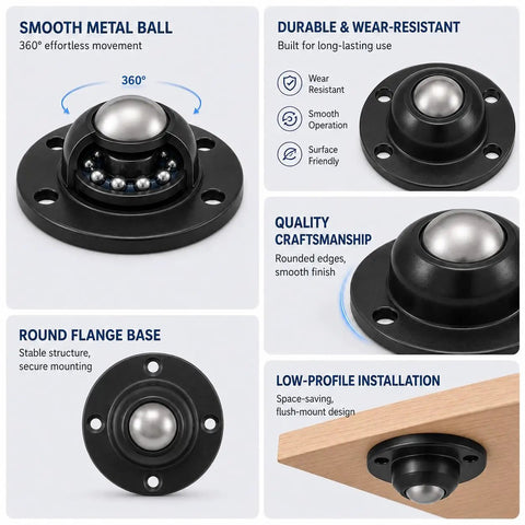 One Inch Self Adhesive Caster Wheels Four Pack Smooth Appliance Sliders showing round flange base and smooth metal ball for easy movement.
