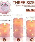 Three Pack Pink Real Wax Flameless Taper Candles With Lifelike Flickering LED Flame And Surrounding Fairy Lights in S/M/L sizes