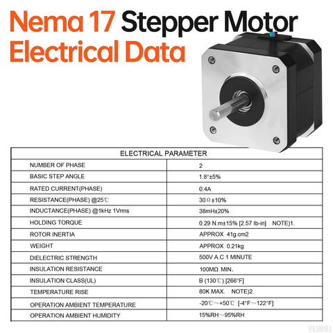 Front-right view of NEMA 17 stepper motor with silver faceplate, black body and protruding shaft