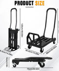 Heavy Duty Folding Hand Truck With Four Wheel Mode And Two In One Collapsible Push Cart and Fold Up Toe Plate, dimensions shown
