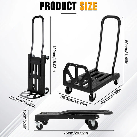 Heavy Duty Folding Hand Truck With Four Wheel Mode And Two In One Collapsible Push Cart and Fold Up Toe Plate, dimensions shown