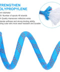 Close-up of blue Beefy 12mm Static Climbing Rope With interwoven fibers, highlighting durability and polypropylene material.
