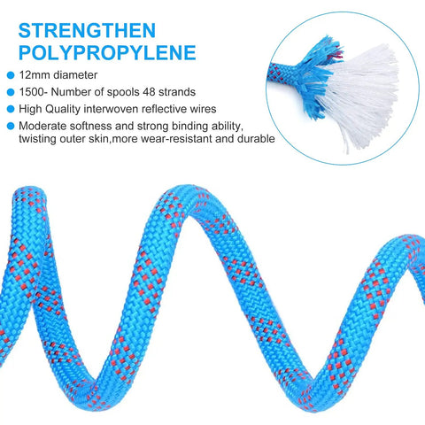 Close-up of blue Beefy 12mm Static Climbing Rope With interwoven fibers, highlighting durability and polypropylene material.