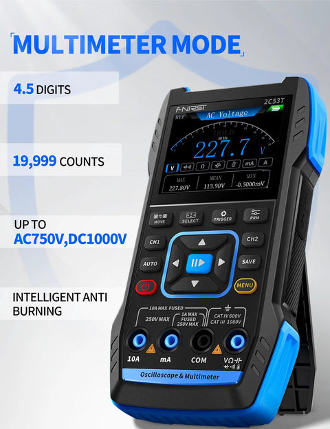 Upgraded Handheld Oscilloscope With Multimeter And DDS Generator, 50 MHz Bandwidth, display showing multimeter mode readings