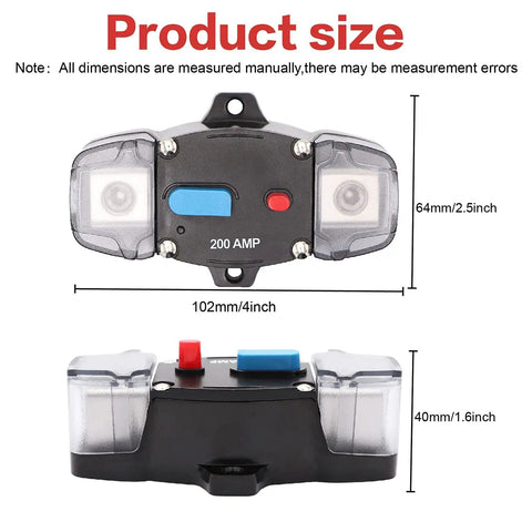 200 Amp 12-24V Manual Reset Circuit Breaker for Trolling Motors and Marine RV Power Systems Inline Fuse Block Holder 0-8 Gauge High Current Protector Waterproof Auto Stereo Inverter Safety, 102x64mm