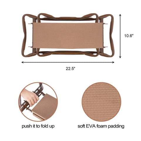 Top view of 2 In 1 Garden Kneeler And Bench Folding Stool with Tool Pouches, brown frame, soft EVA foam cushions, dimensions displayed.