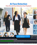 Ai Face Detection interface showing three women walking while displaying face recognition playback features.