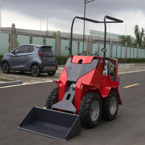 Red mini skid steer loader with wear resistant tires and foldable pedals backhoe attachment for construction jobs industrial sites