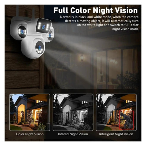 4-Lens Wireless IP Camera 20MP Quad-Split View Boasts Badass Clarity To Your Fortress With 12X Optical Zoom 360 Panning Tilting For Total Oversight WiFi Alerts Strike Hard While Quad Screens Send Feeds Zero Slipping By In Loaded Security Rig showcasing colorful night vision feature with security camera mounted on wall.