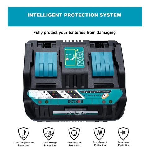 Twin Ports Battery Charger DC18RD dual port for 14.4V-18V LXT lithium ion batteries with protection features