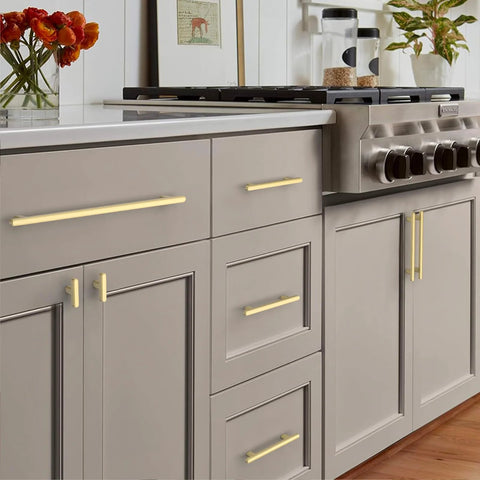 Gold Cabinet Pulls 5 Inch Center To Center 6.4 Inch Overall Length Brushed Gold Drawer Hardware in kitchen setup