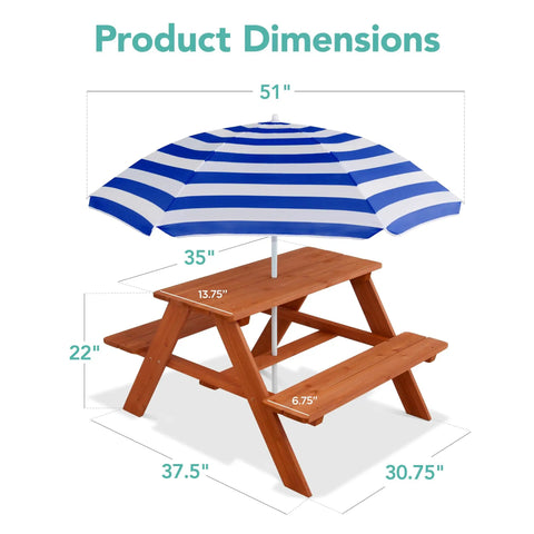Wooden Kids Picnic Table With Umbrella For Backyard Play And Outdoor Fun Activity Table Set With Built In Benches 220 Lb Capacity