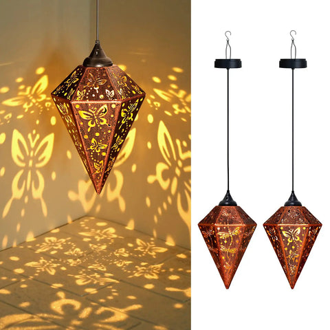 Two Pack Outdoor Solar Lanterns Hanging Waterproof Lights In Bronze With Diamond Shape, Rechargeable Solar Garden Decor Featuring Butterfly Dragonfly Design, Weatherproof Patio Yard Porch Lighting, No Fuss Easy Setup And Eco Friendly.