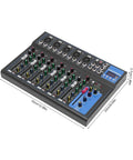 7 Channel Pro DJ Mixer Console With USB For Studio Karaoke And Live Gigs, showing top view of the audio mixing board.
