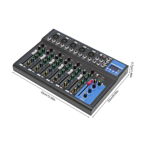 7 Channel Pro DJ Mixer Console With USB For Studio Karaoke And Live Gigs, showing top view of the audio mixing board.