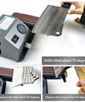 Electric 350W Digital Belt Sander And Knife Sharpener With Variable Speed And Adjustable Angle shown with knives at various angles.