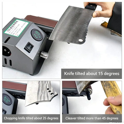 Electric 350W Digital Belt Sander And Knife Sharpener With Variable Speed And Adjustable Angle shown with knives at various angles.