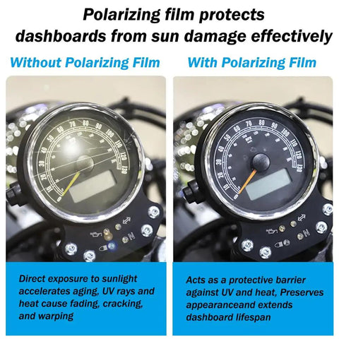 Comparison of motorcycle dashboard with and without Two Pack Adhesive Polarizing Film Sheets 7.8x11.8 Inches 20x30 Cm Linear Polarizer.