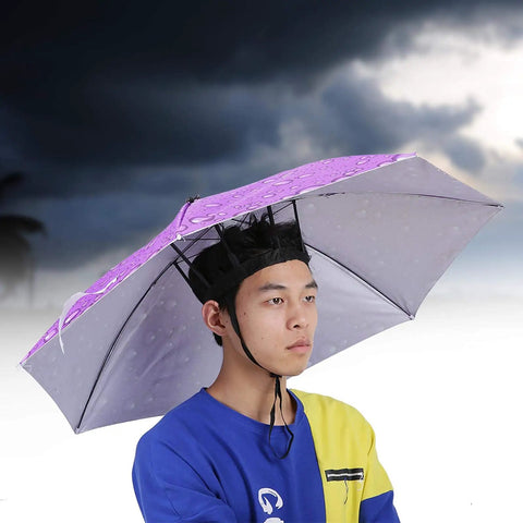 Person wearing Raindrops Purple Umbrella Hat With Adjustable Fit For Outdoor Vibes, Sun Protection Cap For Camping, Hiking, Gardening, And Beach Days