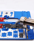Pro Grade Stainless Steel Hot Air Gun Nozzle Set for Soldering Stations, in use on PCB with 45-degree bent nozzle attachment