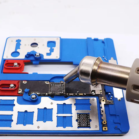 Pro Grade Stainless Steel Hot Air Gun Nozzle Set for Soldering Stations, in use on PCB with 45-degree bent nozzle attachment
