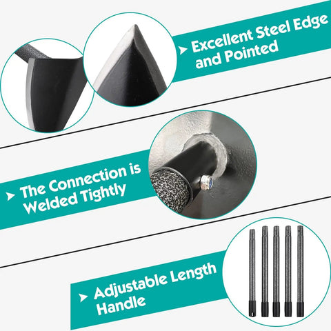 Close-up of Triangle Garden Hoe With A 60 Inch Long Handle For Weeding Digging And Loosening Soil, showing steel edge and welded connection