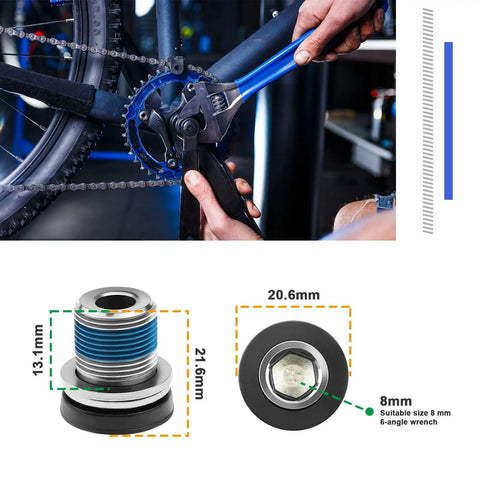 Mechanic installing 4 Pack Bicycle Crank Arm Bolts For E Bikes M15 ISIS Crank Screws, detail of bolt dimensions.