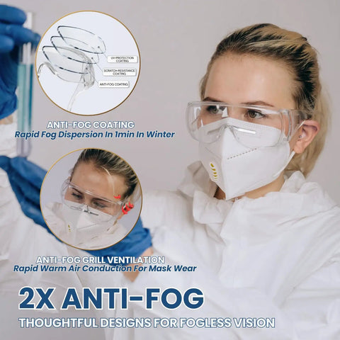 Person wearing Over Eyeglasses Safety Goggles 12 Pack Workhorse Pro Grade Anti Fog Anti Scratch ANSI Z87.1 Clear Lenses For Construction.