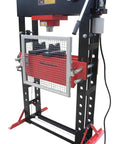 Heavy Hitting 75 Ton Air Hydraulic Shop Press With Precise Pressure Gauge showing adjustable height winch and sturdy frame.