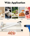 Top Tier 24 Inch Shrink Wrapping Station Featuring A Game Changer 1500 Watt Heat Gun And Hella Fast One Second Sealer Cutter For Food Toys Retail Packaging Including Bonus Plastic Film Roll 110 Volt Power Setup with displayed applications.